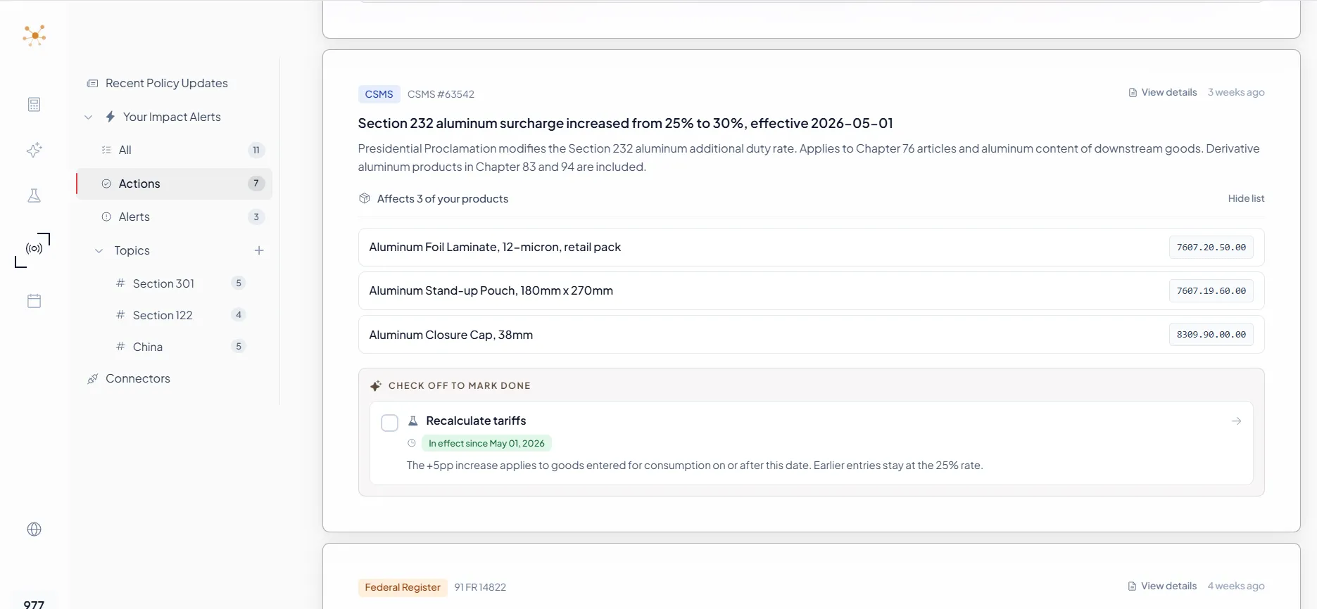 GingerControl Compliance Radar dashboard showing tariff alerts matched to user products