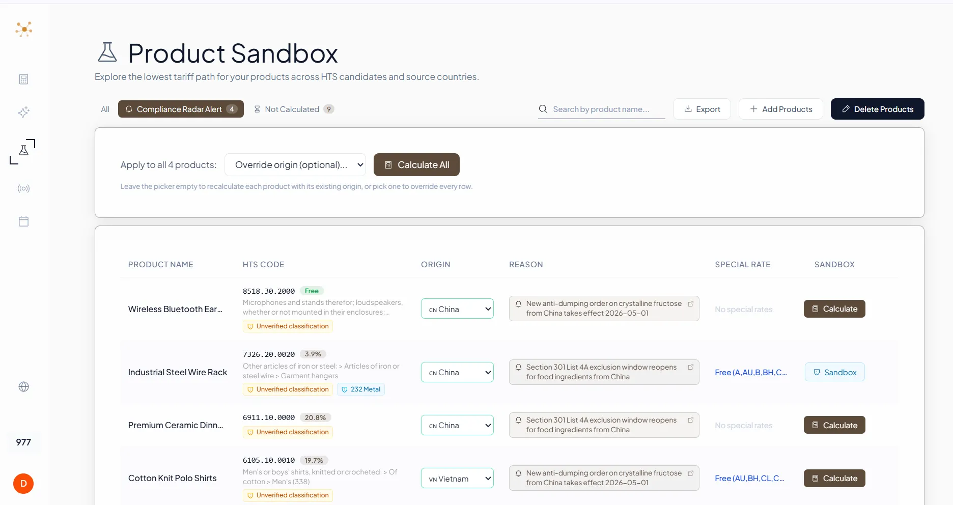Product Sandbox 內的 Compliance Radar Alert 分頁, 列出四個受影響產品 (Wireless Bluetooth Earbuds、Industrial Steel Wire Rack、Premium Ceramic Dinnerware、Cotton Knit Polo Shirts), 每行附原因標籤, 上方含批次 Calculate All 控件