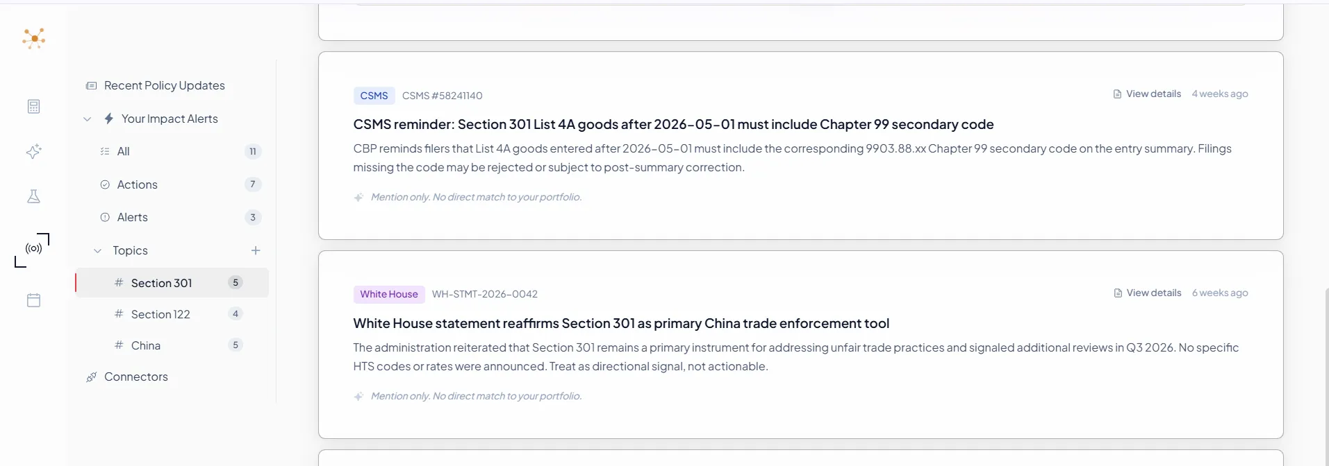 Compliance Radar 主題側欄顯示 Section 301 (5)、Section 122 (4)、China (5) 訂閱, 主區顯示一筆 CSMS 提醒與一筆 White House 聲明, 都被過濾到 Section 301 主題下