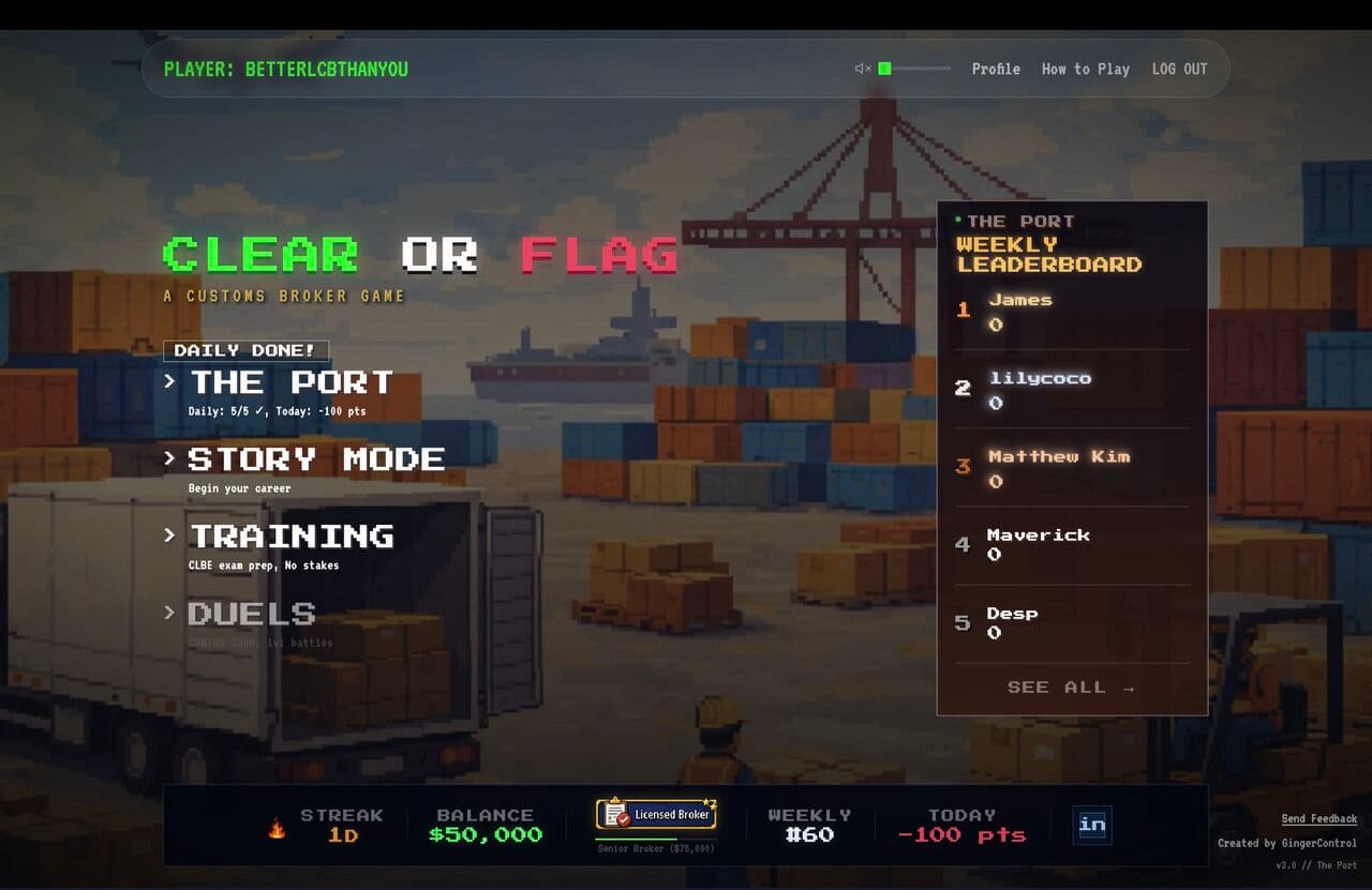 Clear or Flag 報關遊戲:首頁和每週排行榜