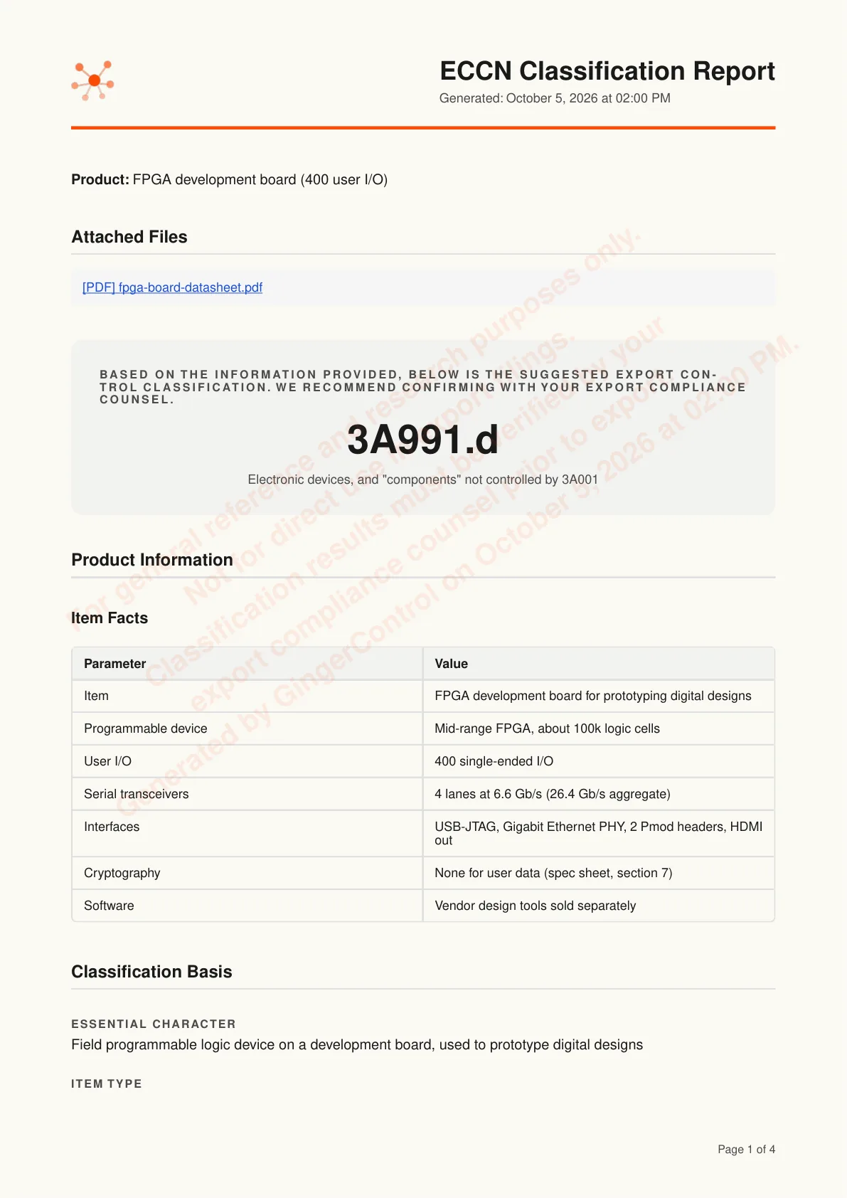 这块FPGA开发板的ECCN判定报告(ECCN Classification Report)PDF第一页,显示建议ECCN 3A991.d和物项信息