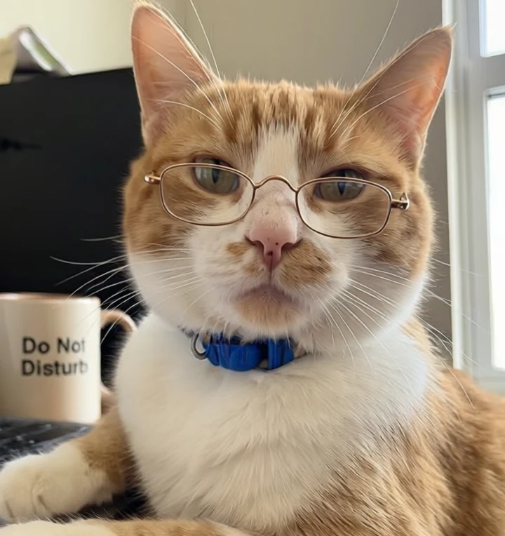 Ginger, an orange and white cat in small gold glasses and a blue collar, looking into the camera beside a Do Not Disturb mug